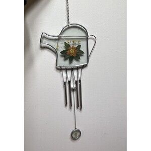 Watering Can Wind Chime Sun Catcher Pressed Flowers Glass Metal Cottage Whimsy